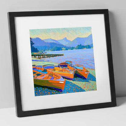 Vibrant Rowing Boats on Windermere lake district lake art print in black frame