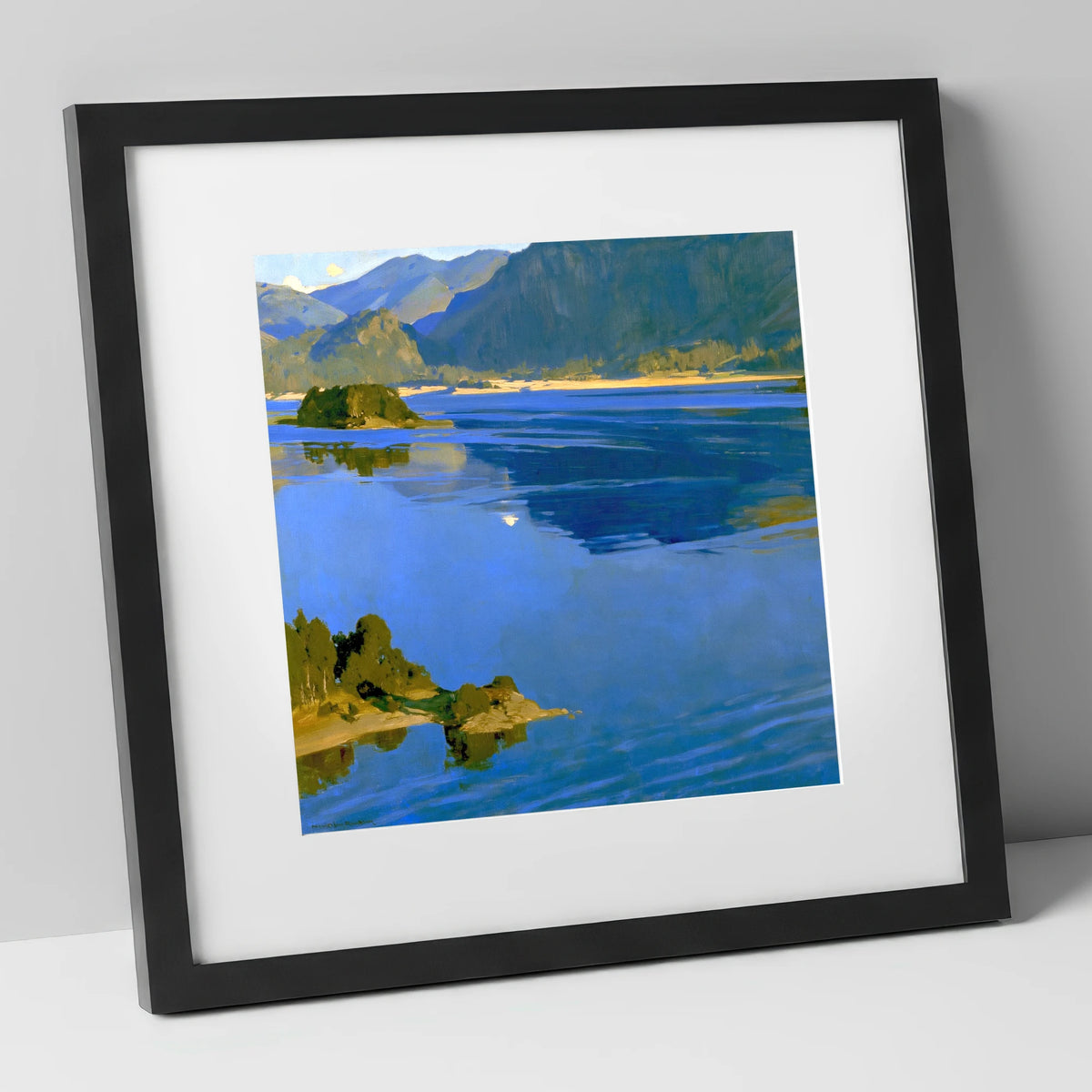 Deep Blue Derwentwater and Catbells lake district lake art print in black frame