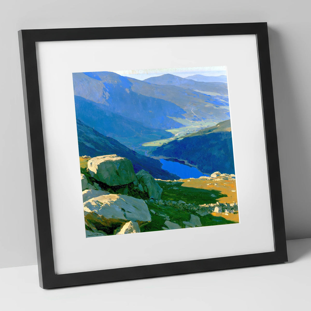 Summit View Over Deep Blue Valley lake district fell art print in black frame