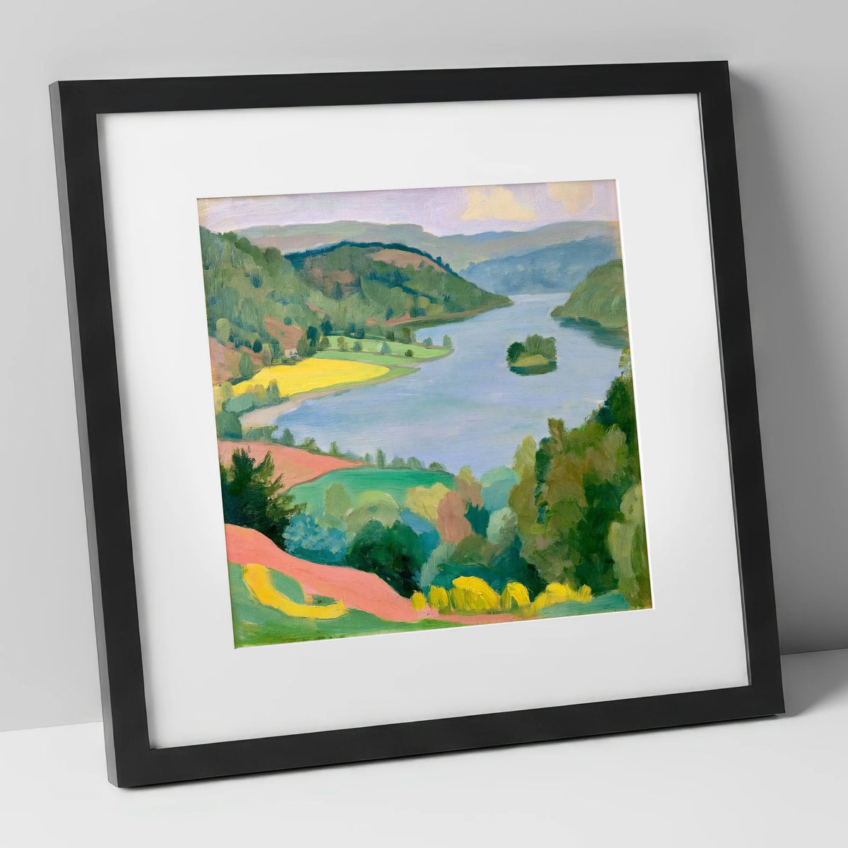 Vibrant Rydal Water from Above lake district lake art print in black frame