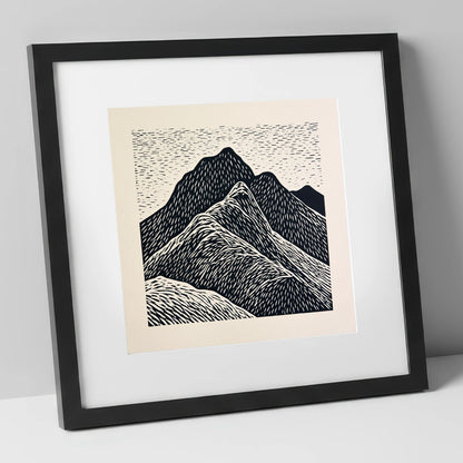 Bold Graphic Bowfell Peak lake district fell art print in black frame