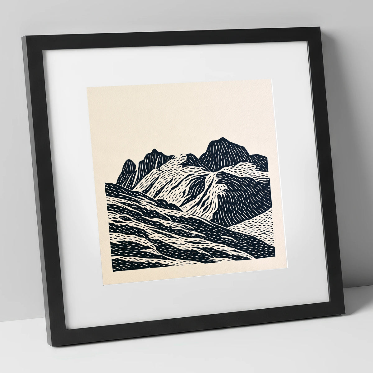 Bold Langdale Pikes Silhouette lake district fell art print in black frame