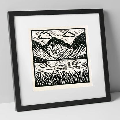 Black and White Wasdale Valley lake district valley art print in black frame
