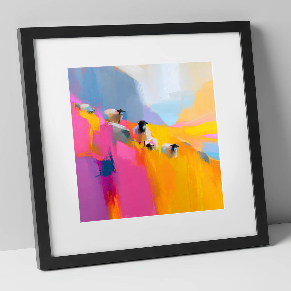 Herdwick Sheep in Fuchsia and Gold lake district wildlife art print in black frame