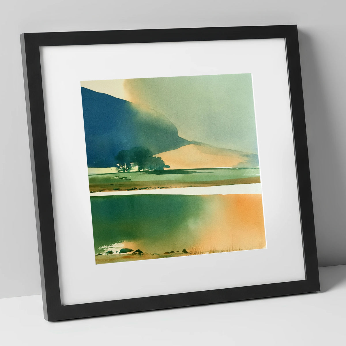 Ink Blue Fells and Lake lake district lake art print in black frame