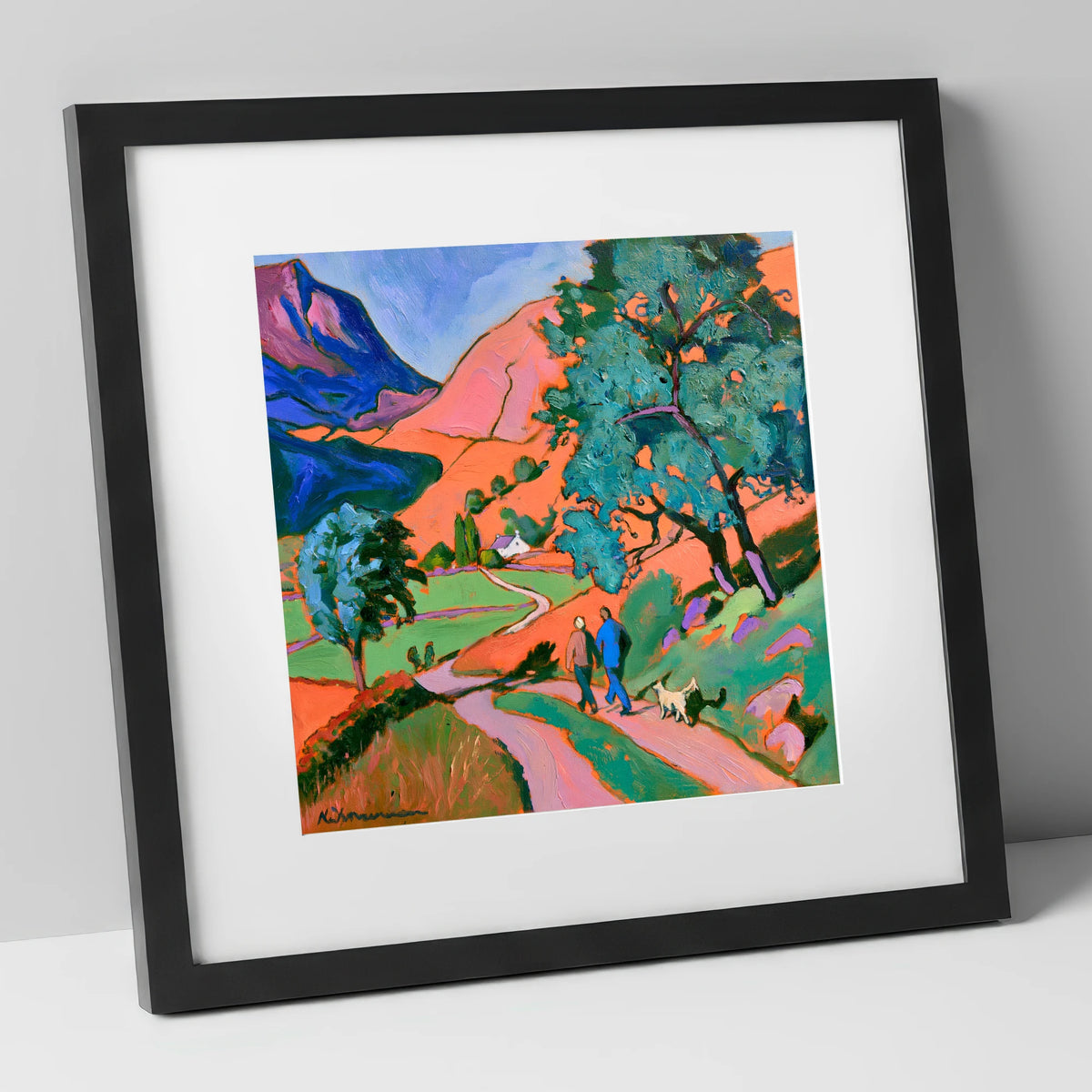 Vibrant Glenridding Dog Walk gifts for dog walkers art print in black frame