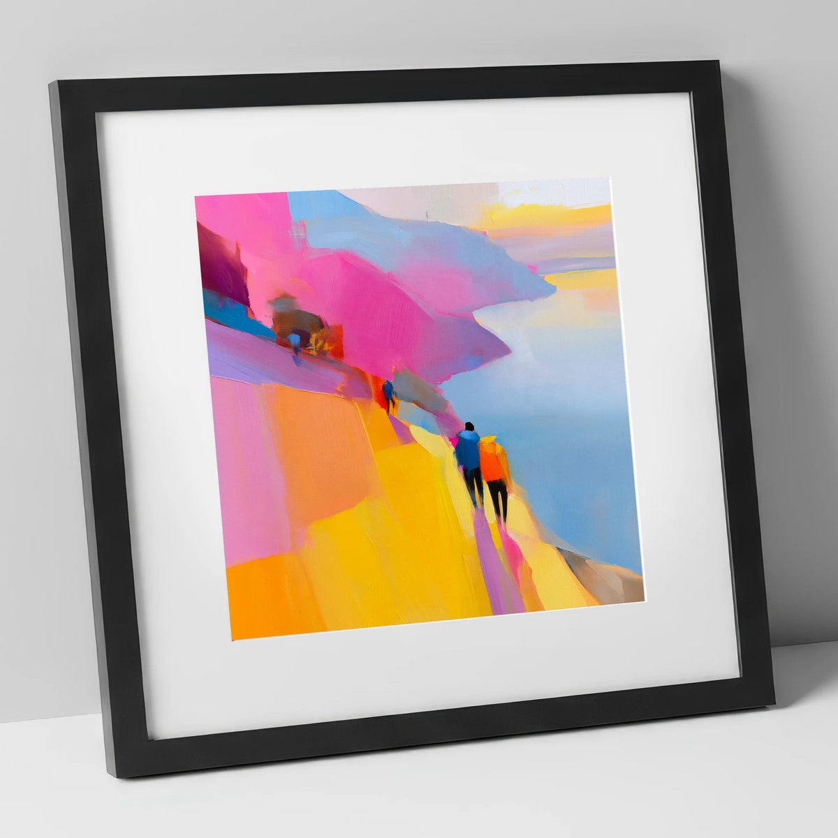 Bright Lakeside Mountain Path lake district walking art print in black frame