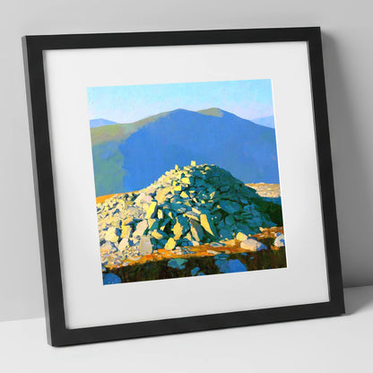 Sunlit Haycock Summit Cairn lake district fell art print in black frame