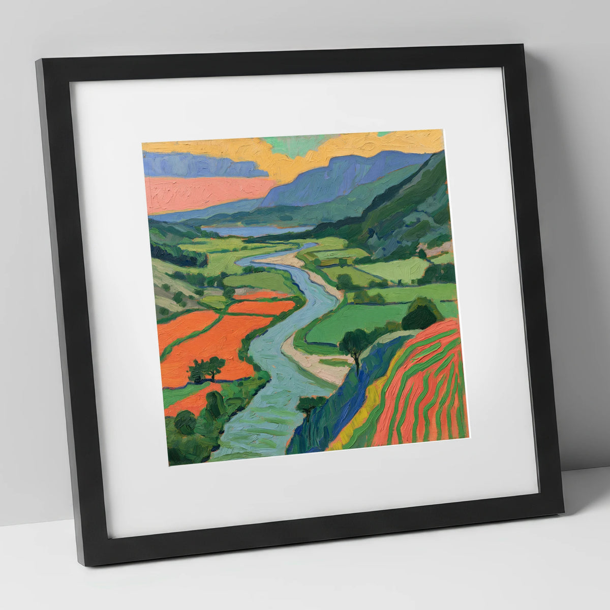 Winding River Through Vivid Fells lake district waterfall art print in black frame