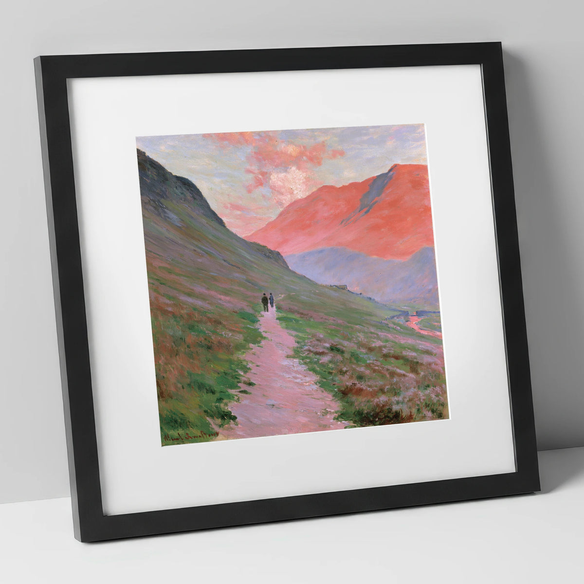 Fell Walkers in Pink Sunset lake district walking art print in black frame