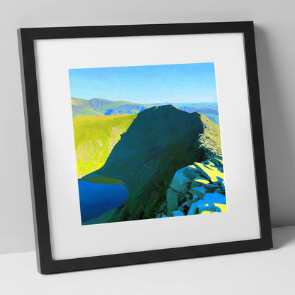 Sunlit Striding Edge on Helvellyn lake district walking art print in black frame