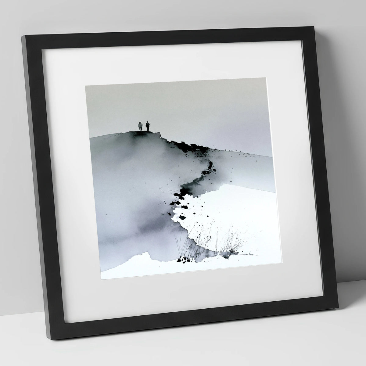 Monochrome Fell Top Hikers lake district fell art print in black frame