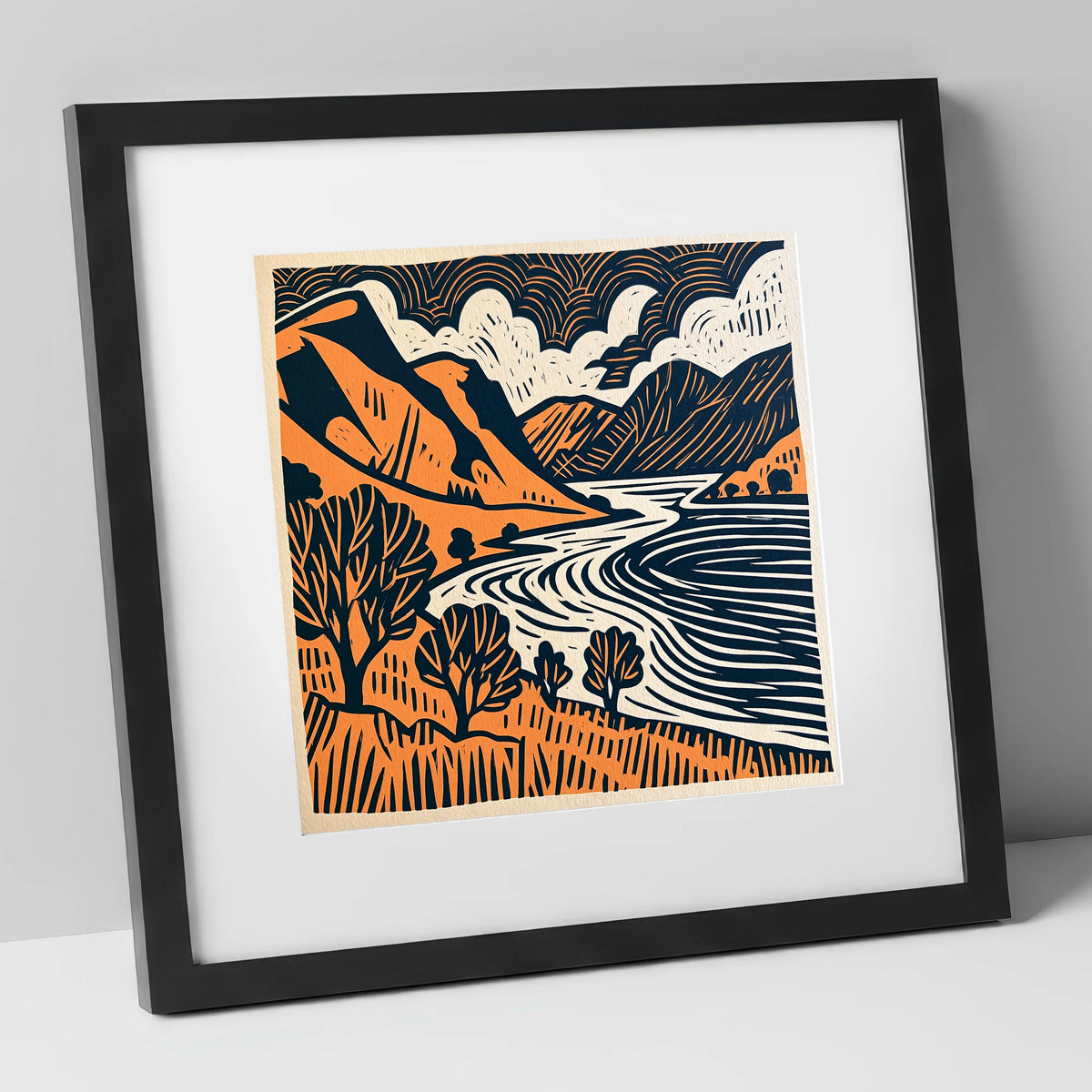 Rhythmic Ullswater Fells and Water lake district lake art print in black frame