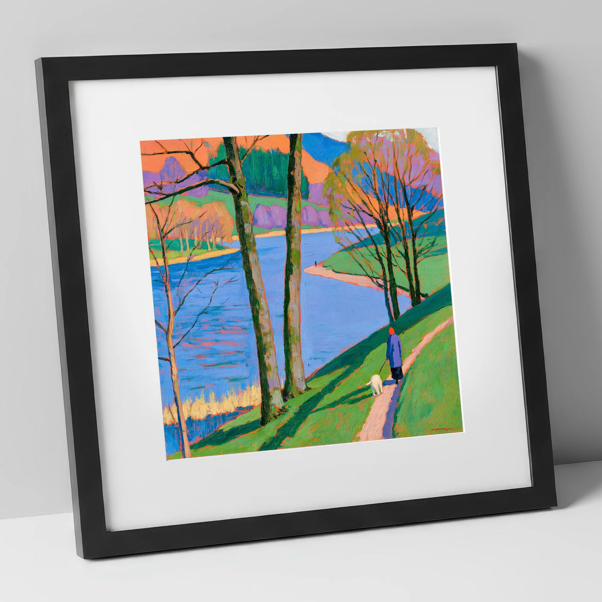 Vivid Lakeside Walk at Grasmere gifts for dog walkers art print in black frame