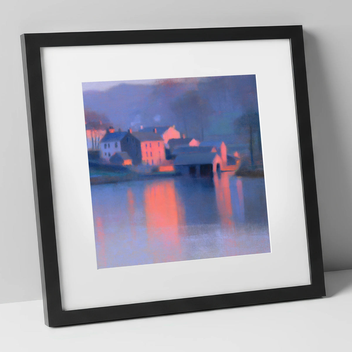 Lakeside Village in Pink Twilight lake district village art print in black frame