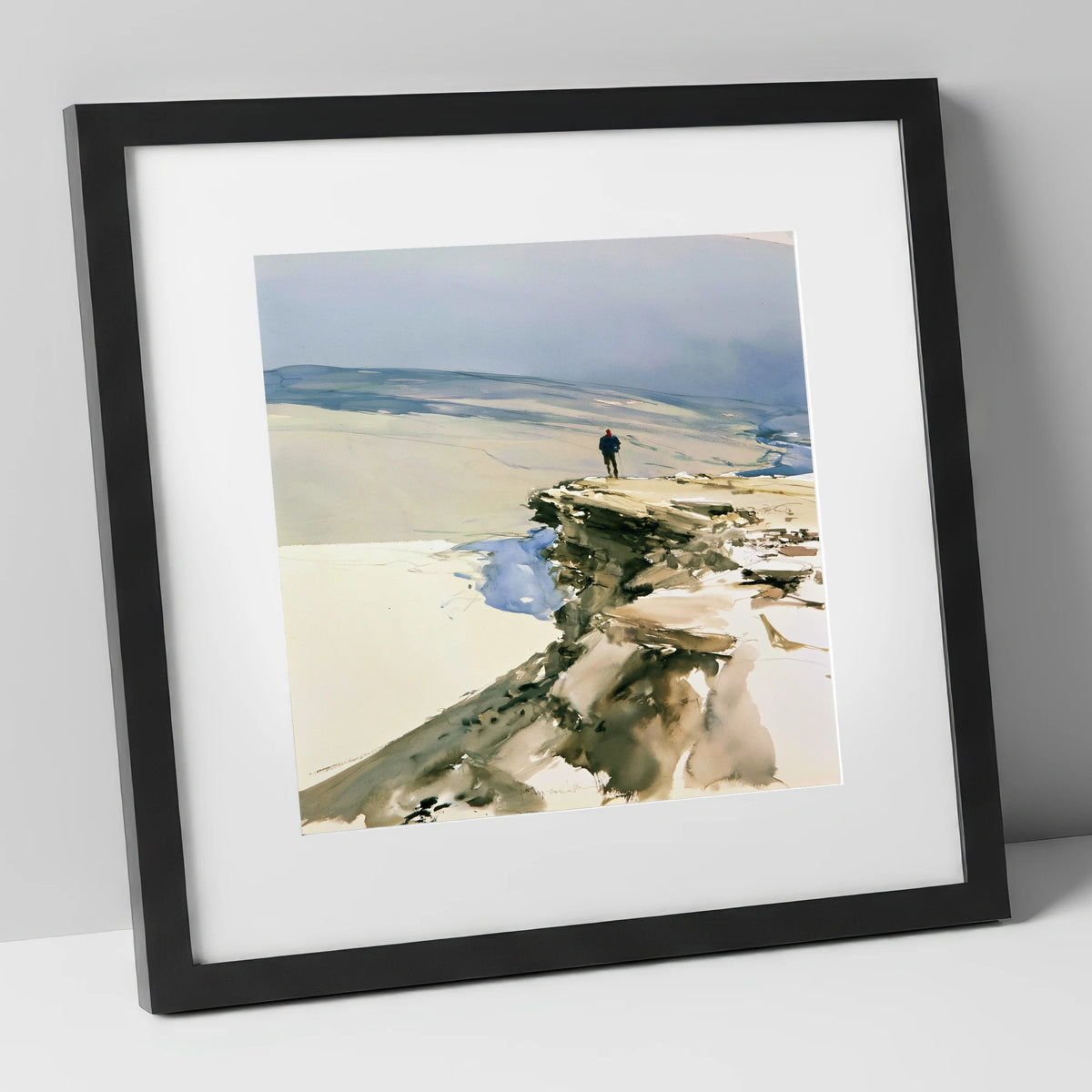 Lone Hiker on Fell Edge lake district walking art print in black frame