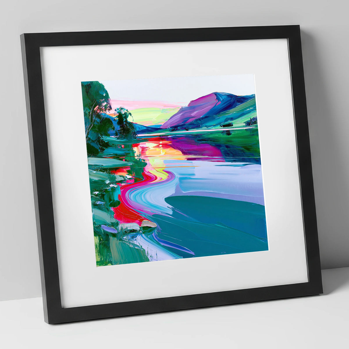 Vivid Mountain Lake Sunset lake district lake art print in black frame