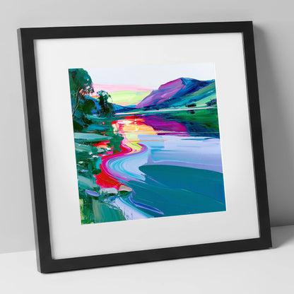 Vivid Mountain Lake Sunset lake district lake art print in black frame