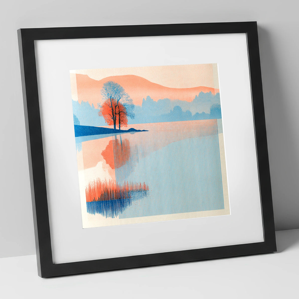 Modern Coral Lake Dawn lake district lake art print in black frame