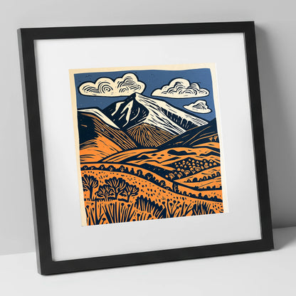 Skiddaw in Terracotta and Navy lake district fell art print in black frame
