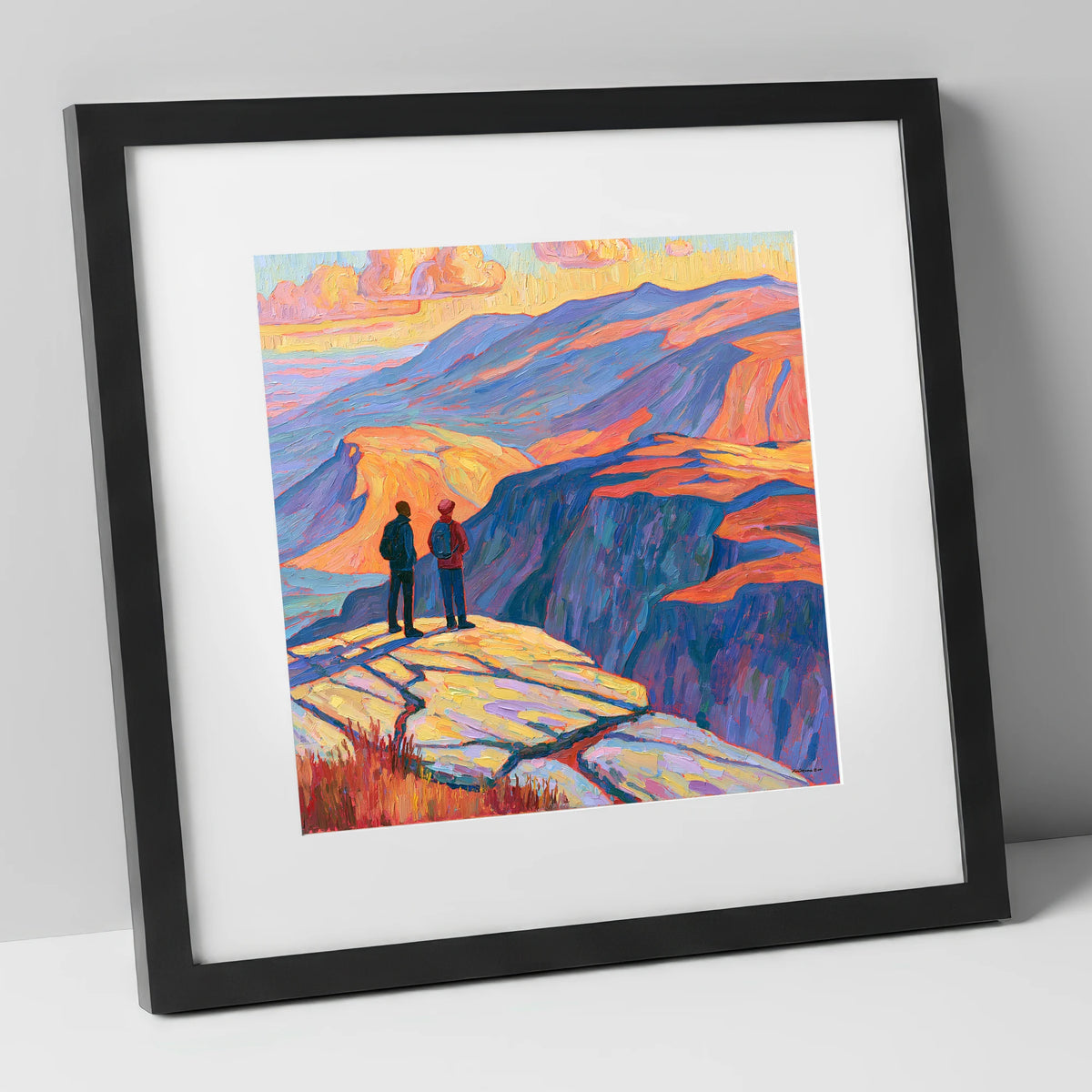 Hikers at Sunset on the Fells lake district fell art print in black frame