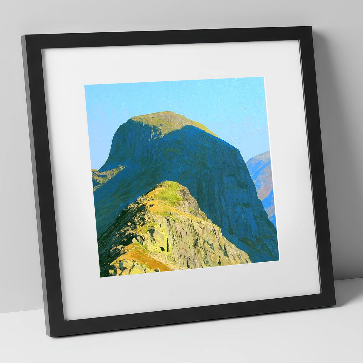 Sunlit Pike of Stickle Dome lake district fell art print in black frame
