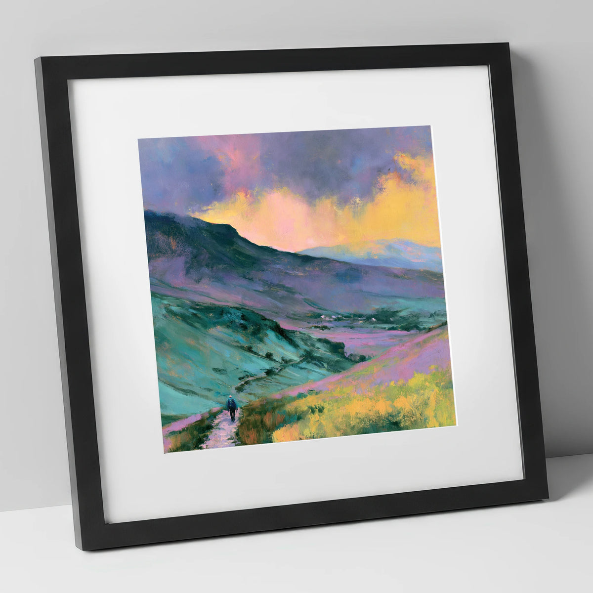 Fell Walker in Pastel Fells lake district walking art print in black frame