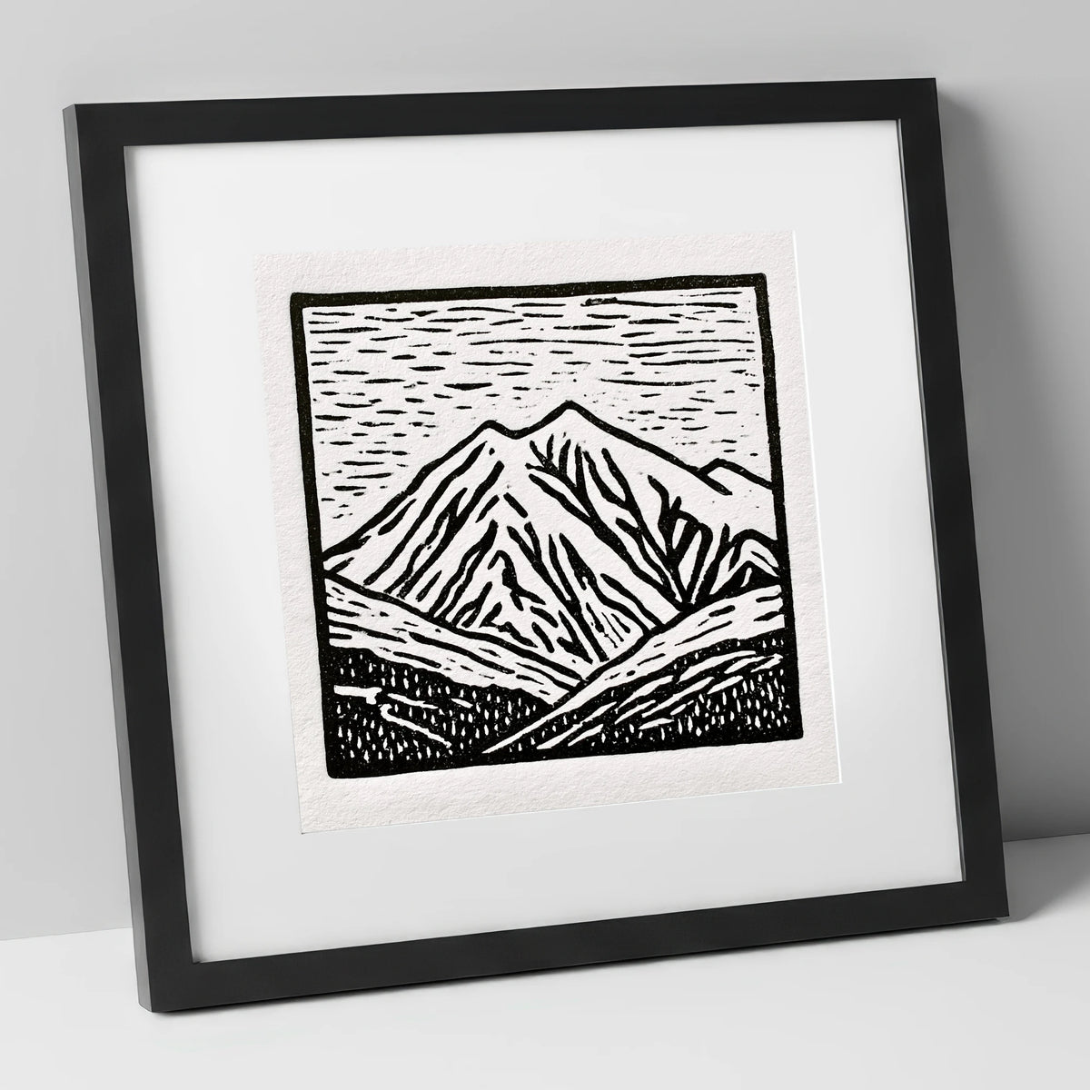 Skiddaw Peak in Graphic Monochrome lake district fell art print in black frame