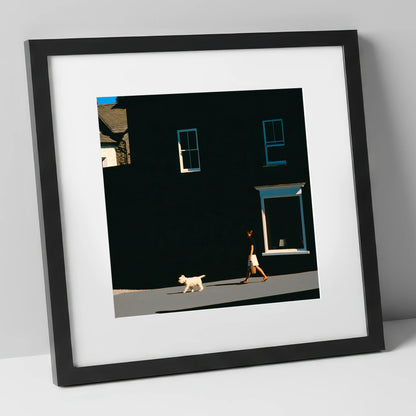 Sunlit Dog Walker in Ambleside gifts for dog walkers art print in black frame