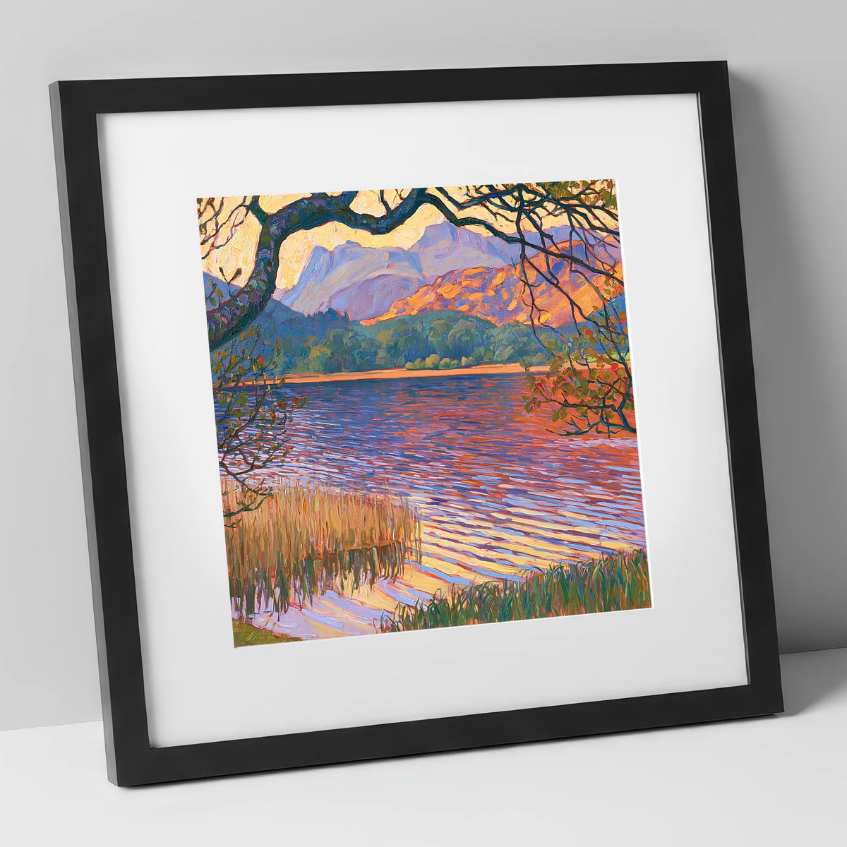 Elterwater Framed by Trees lake district lake art print in black frame