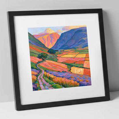 Sunlight on Patchwork Valley Fields lake district valley art print in black frame