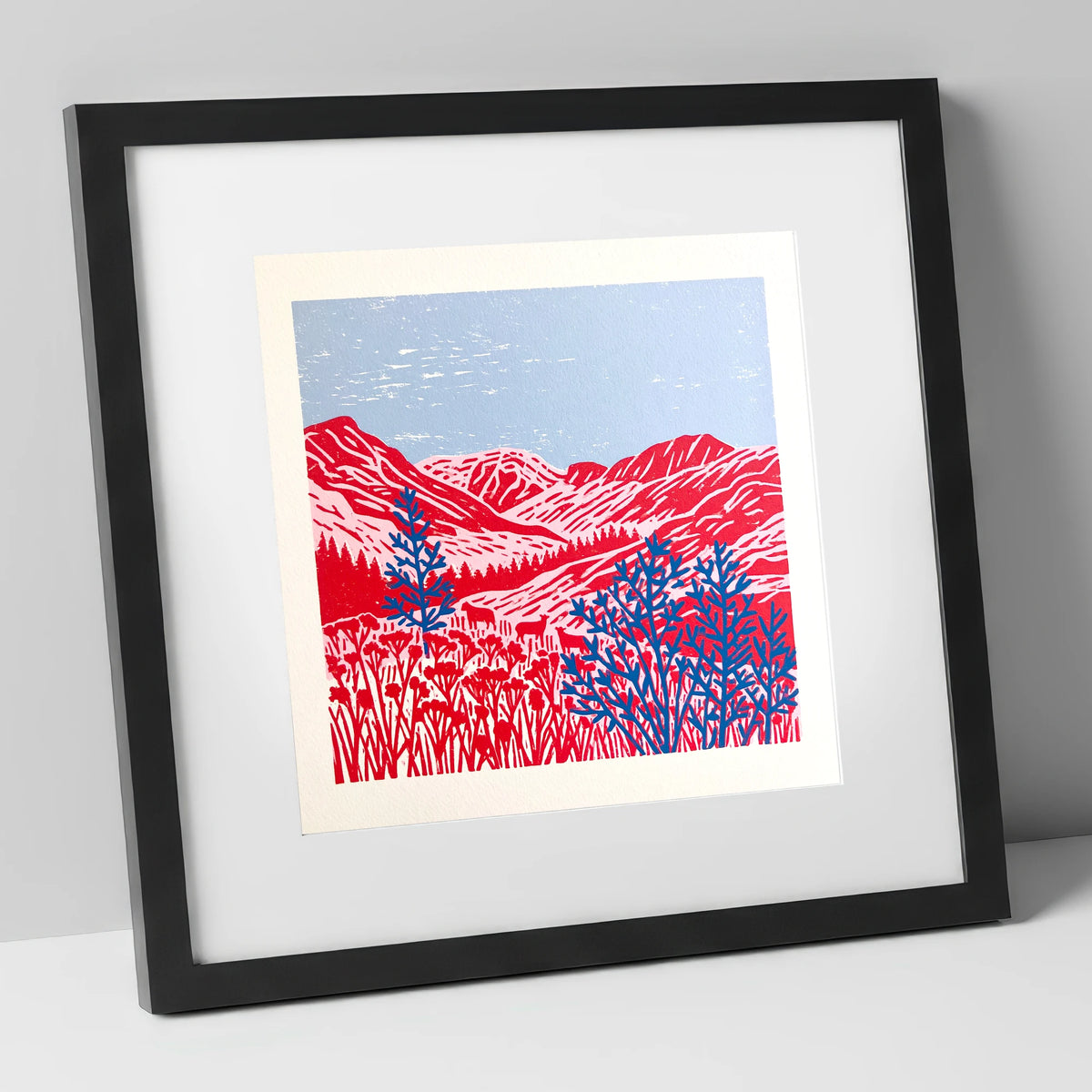 Vibrant Red Borrowdale Fells lake district valley art print in black frame