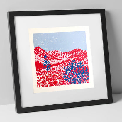 Vibrant Red Borrowdale Fells lake district valley art print in black frame