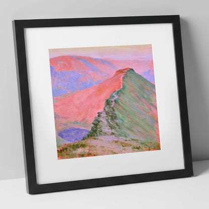 Striding Edge in Sunset Pink lake district walking art print in black frame