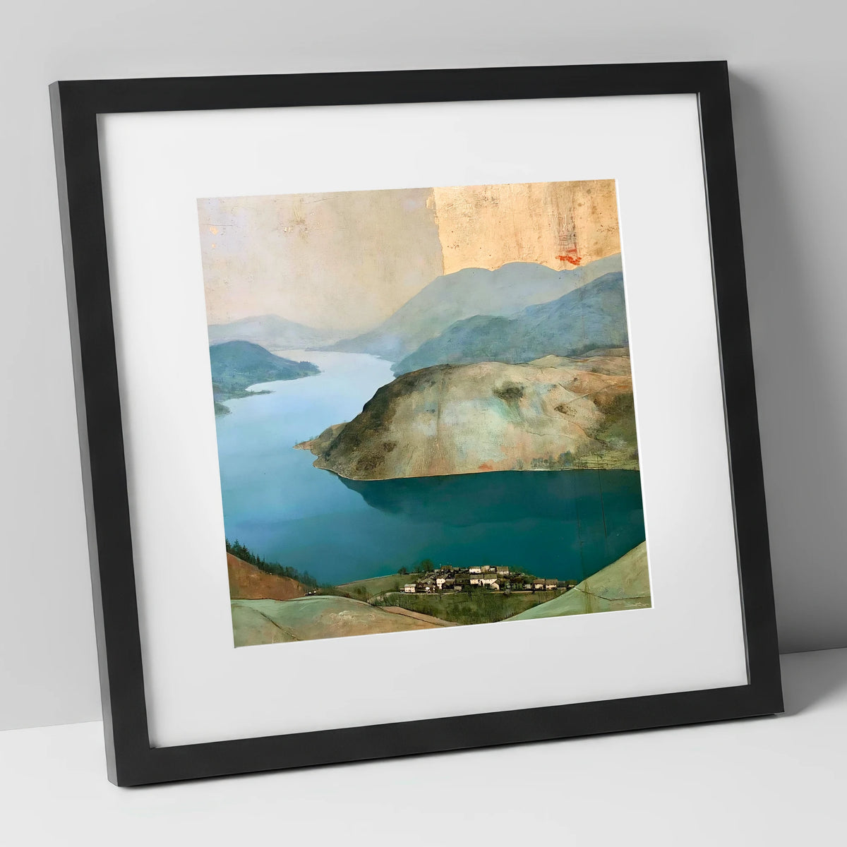 Glenridding Under A Golden Sky lake district village art print in black frame