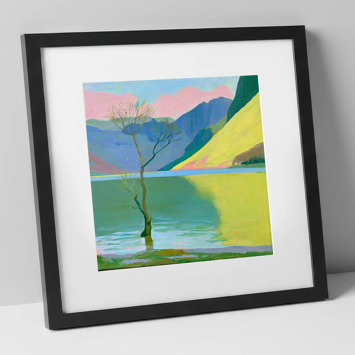 Buttermere Tree Under Pink Skies lake district lake art print in black frame