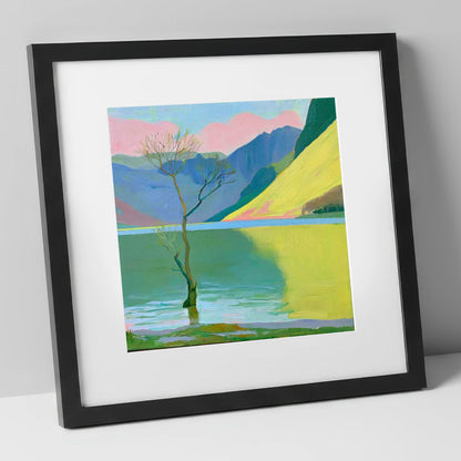 Buttermere Tree Under Pink Skies lake district lake art print in black frame