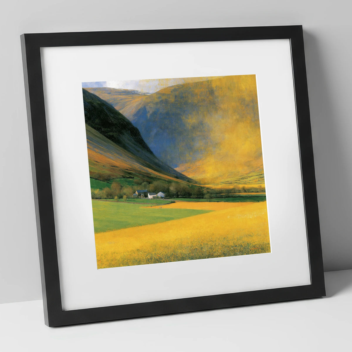 Golden Light Over Valley Fields lake district valley art print in black frame