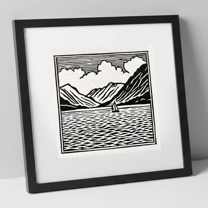 Black and White Ullswater Sailboat lake district lake art print in black frame