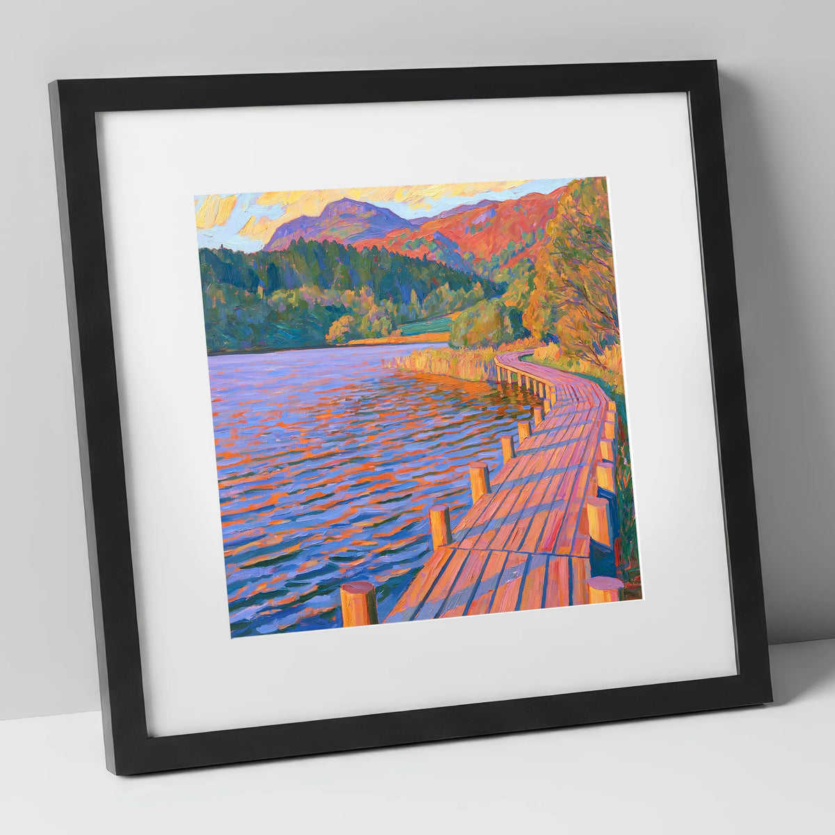 Curving Boardwalk at Tarn Hows lake district lake art print in black frame