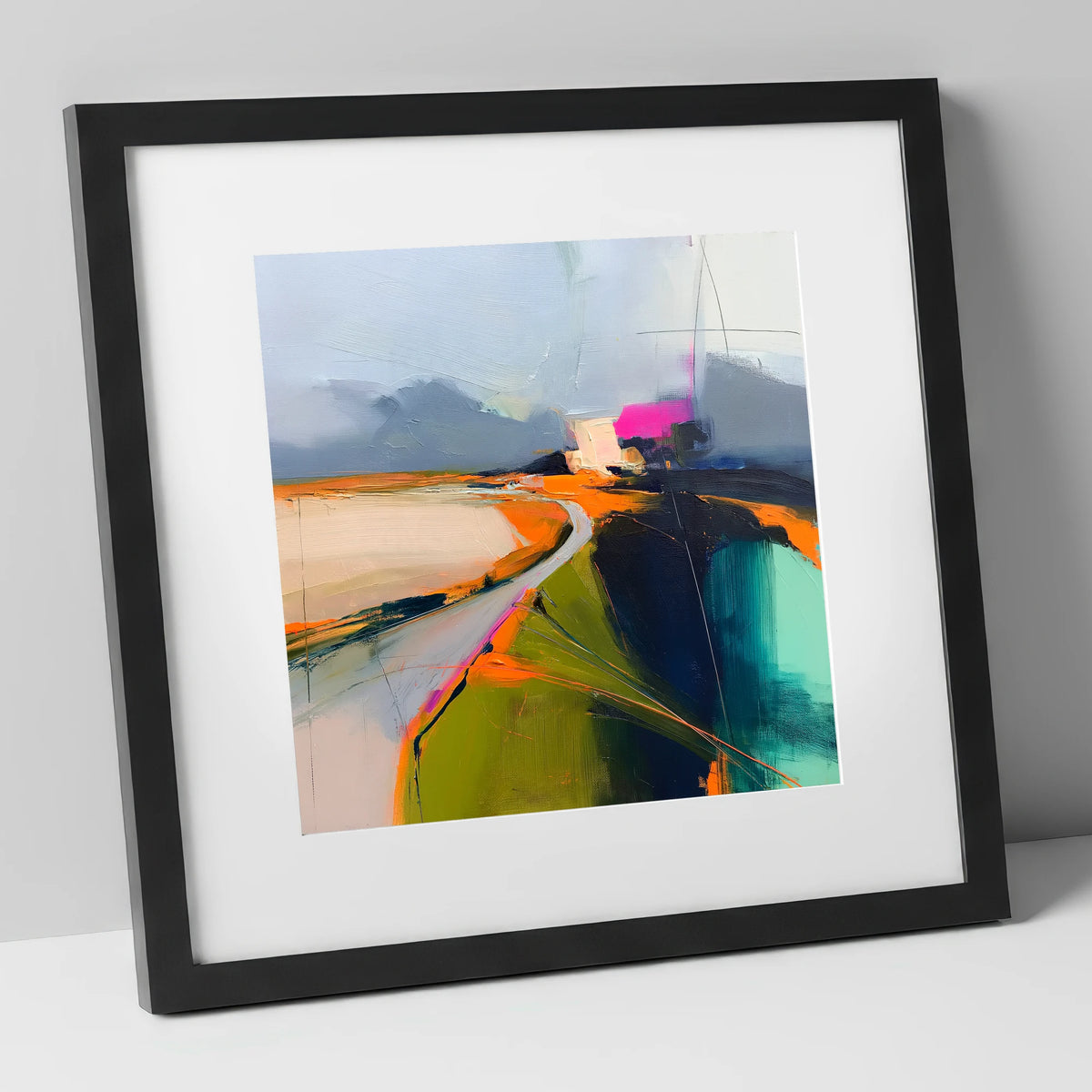 Mountain Pass Vivid Abstract lake district valley art print in black frame