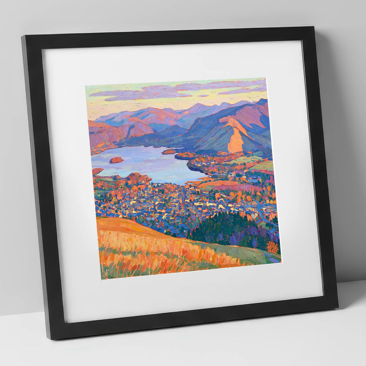 Vibrant Keswick and Derwentwater lake district village art print in black frame