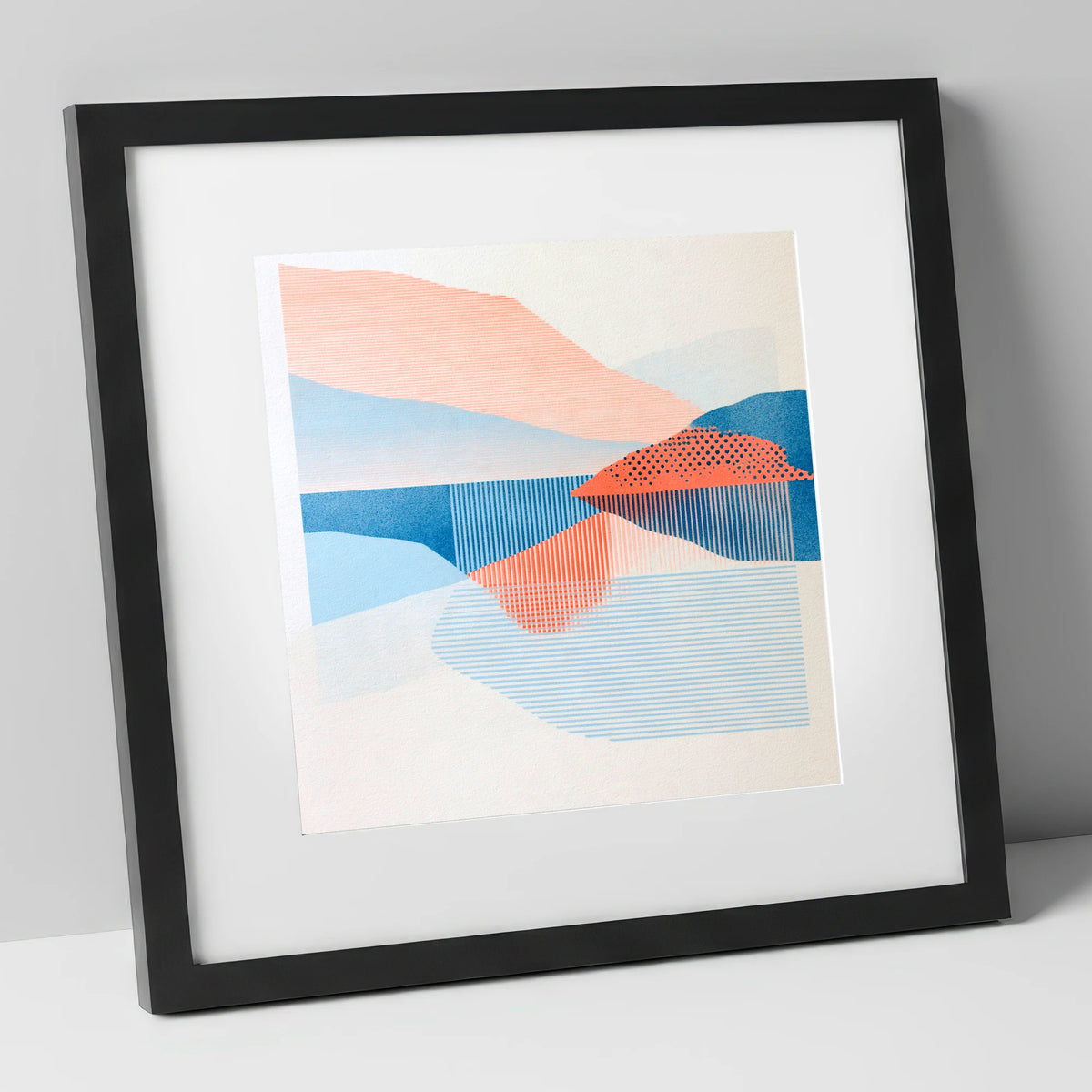 Coral and Blue Lake Reflections lake district lake art print in black frame