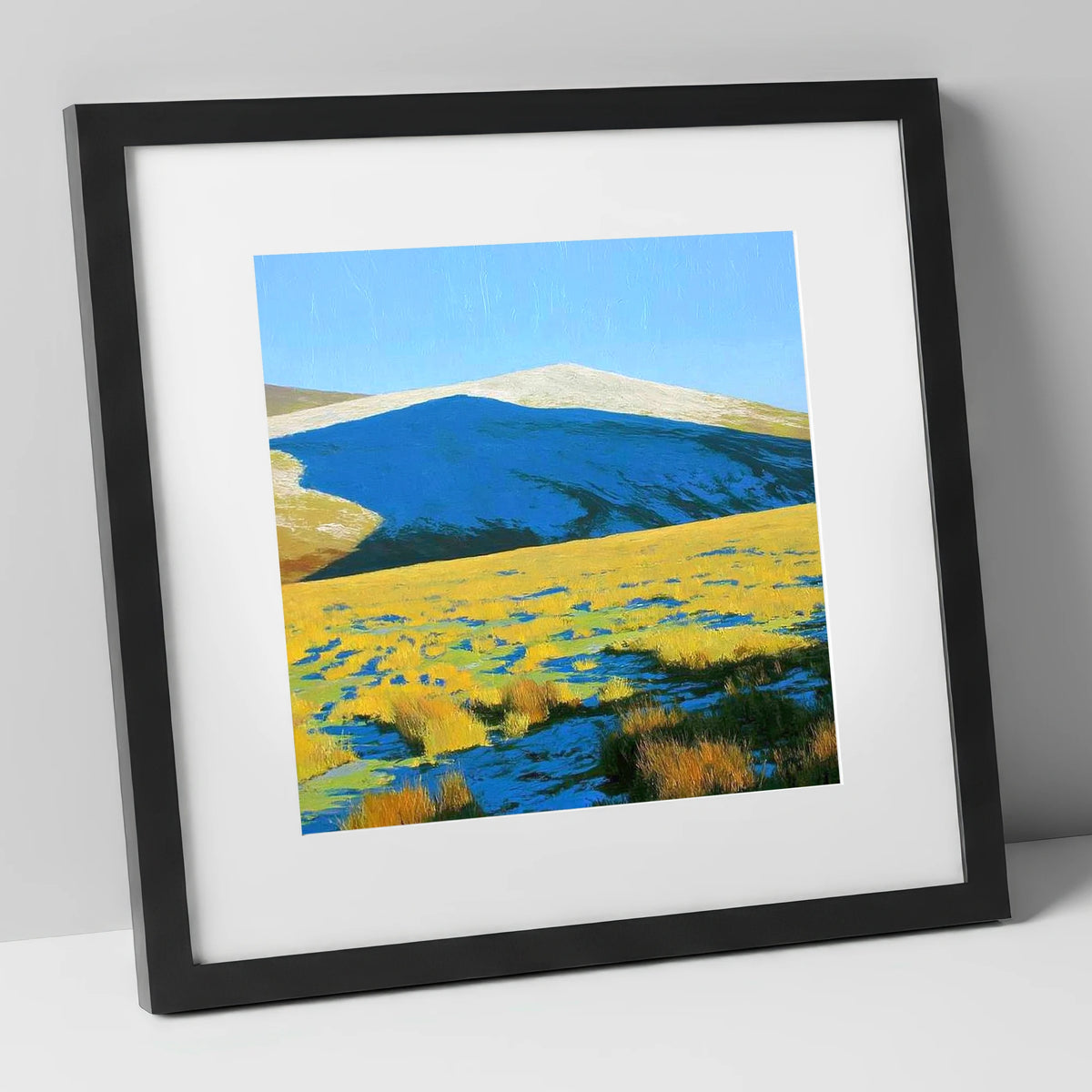 Frosted Knott Above Sunlit Moorland lake district fell art print in black frame