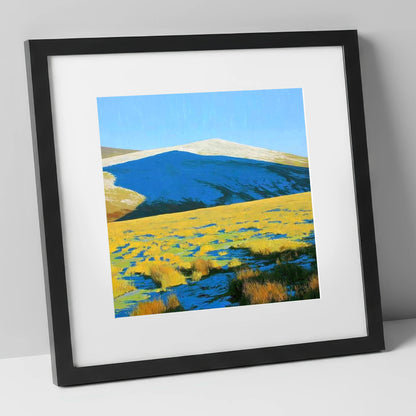 Frosted Knott Above Sunlit Moorland lake district fell art print in black frame