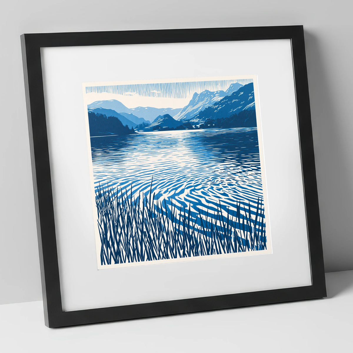 Cobalt Dawn Over the Lake lake district lake art print in black frame