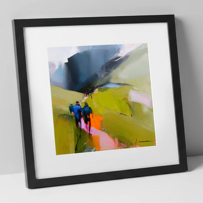 Walkers on Vibrant Fell Path lake district walking art print in black frame