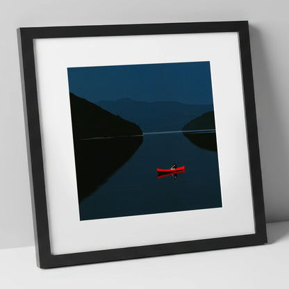 Red Kayak on Twilight Lake lake district walking art print in black frame