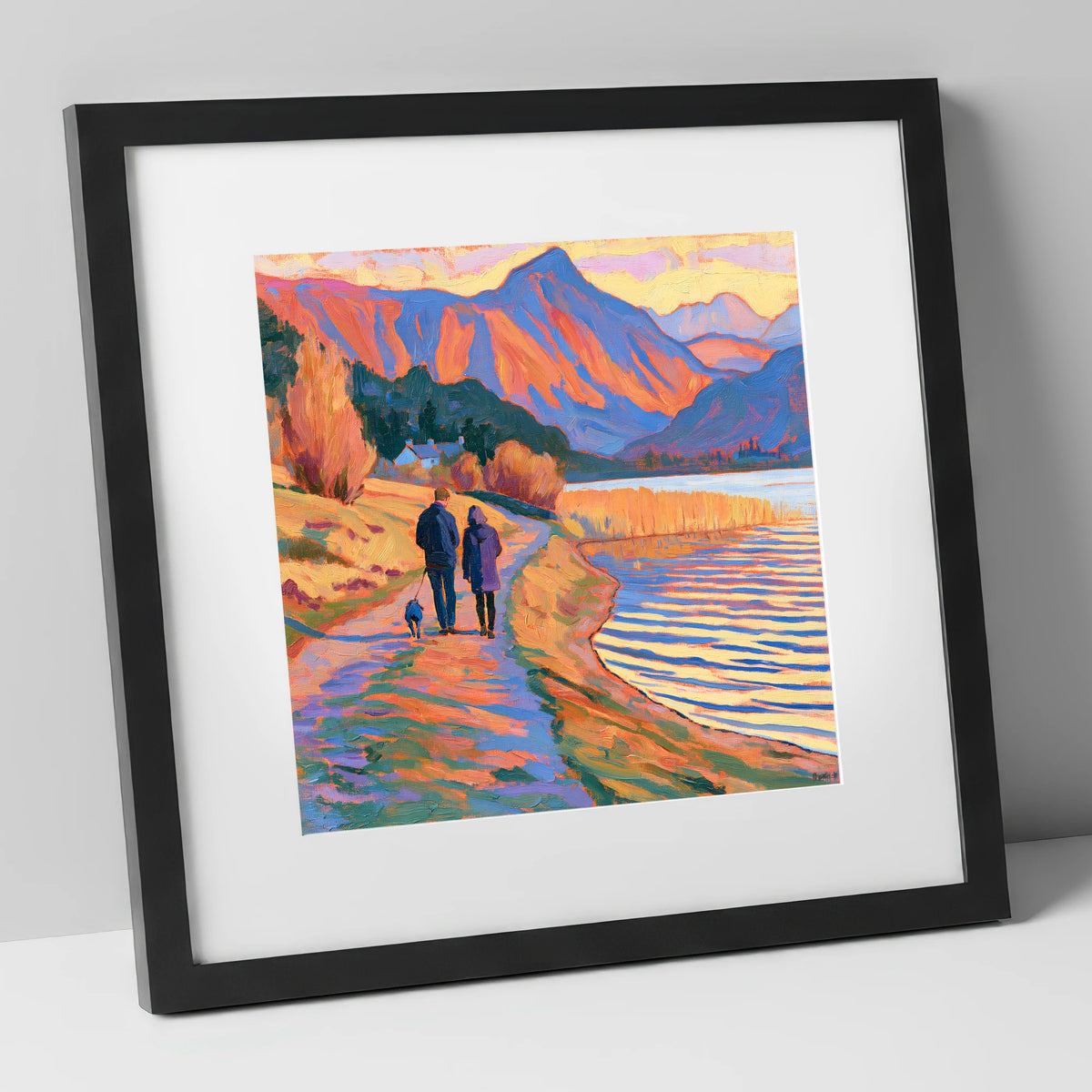 Vibrant Dog Walk at Hawkshead gifts for dog walkers art print in black frame