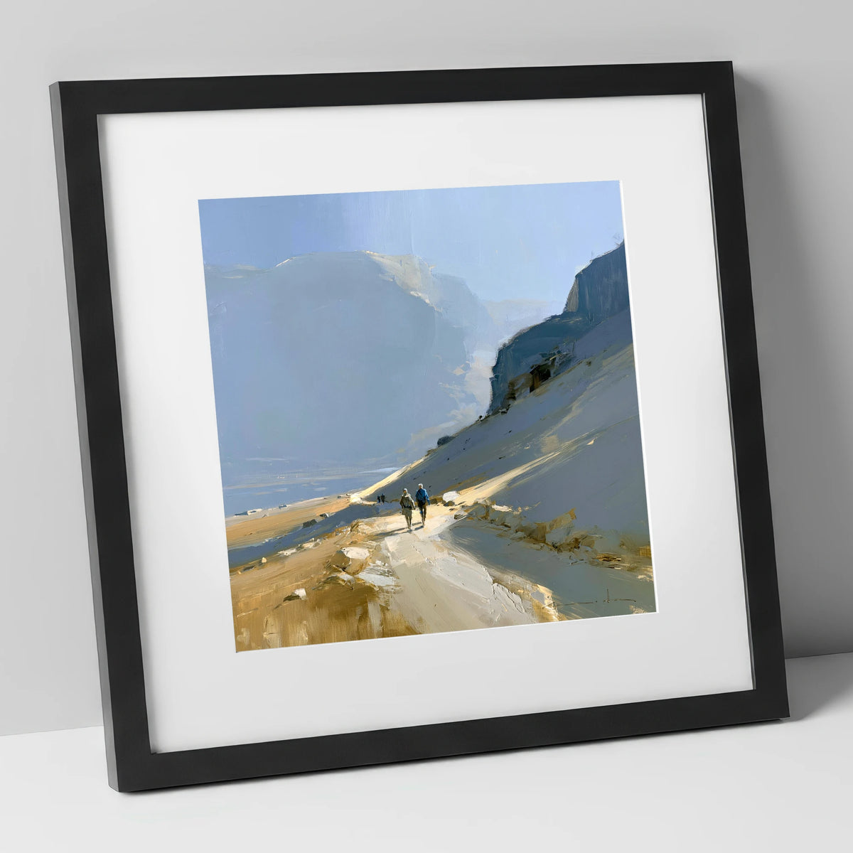 Walkers on a Golden Mountain Path lake district walking art print in black frame